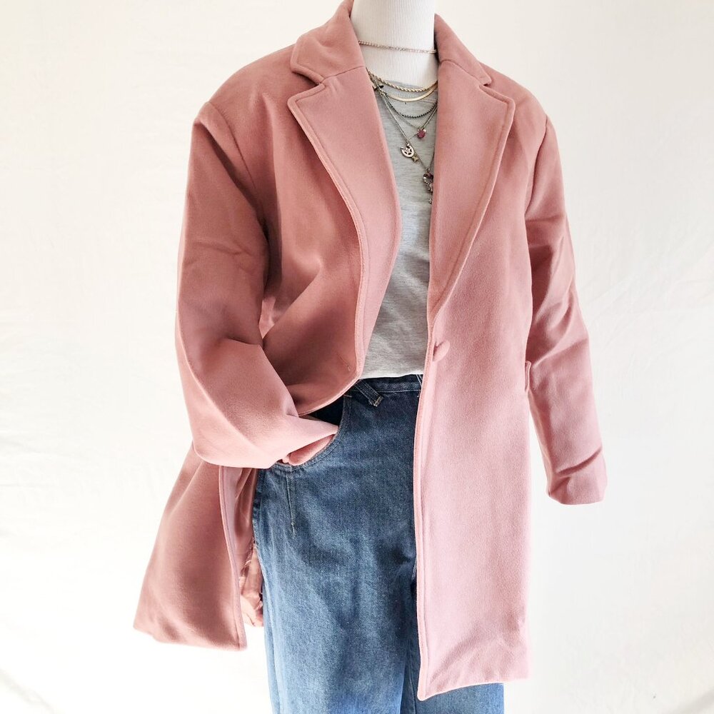 Warm Rose Pink Felted Mid Length Blazer Coat Wool Blend